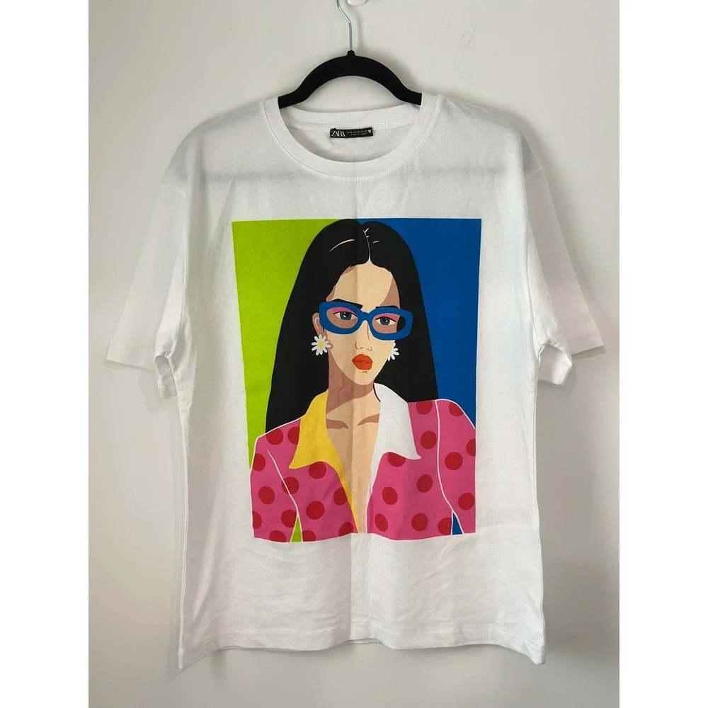 Zara Womens Pop Art Graphic T-Shirt White Crew Neck Short Sleeve Size M